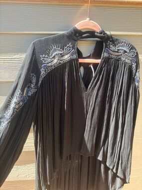 Free People Black Embroidered with Beads Boho Peasant Top with Keyhole